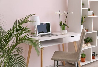 escritório em casa decorado com plantas e flores