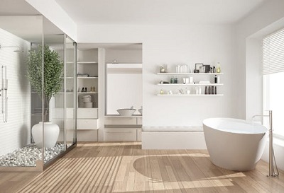 casa de banho moderna, branca com banheira e duche